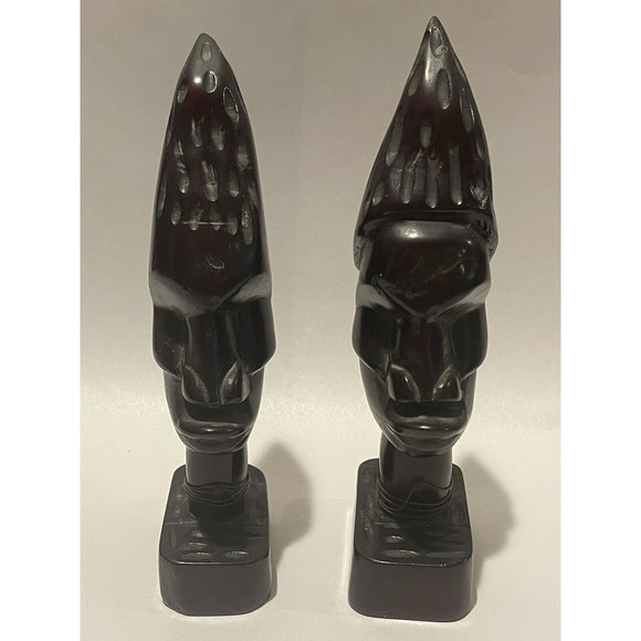 Set Of 2 Vintage Carved Wood Tribal Black Woman Head and Neck Bust Figurine 8”+ - Picture 1 of 11